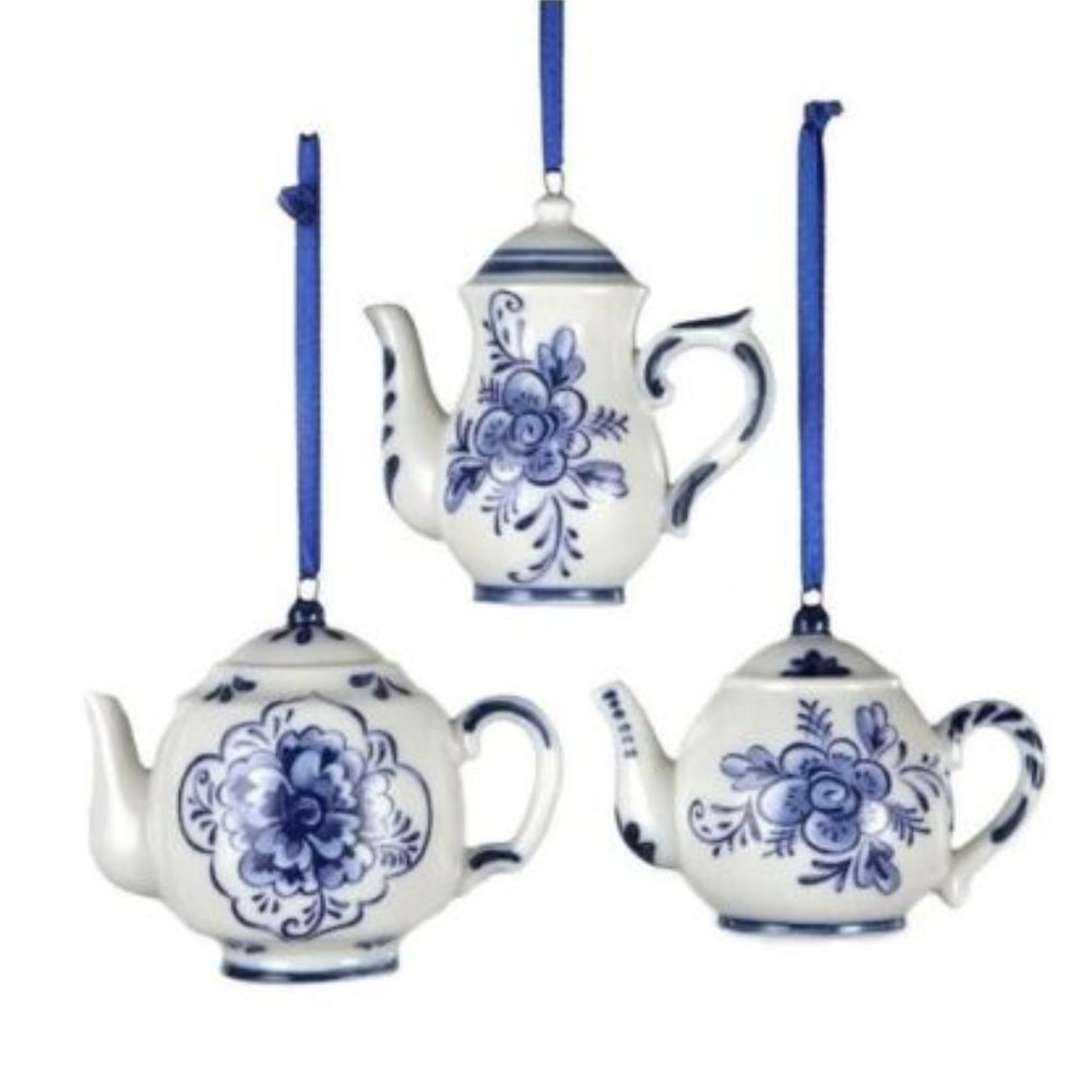 Kurt Adler 3 Delft Teapot 2" hanging ornaments-blue-white-flowers-china-NEW